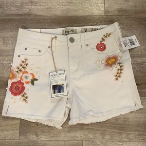Indigo Reign Flower Mid Rise Denim Shorts, Size 9